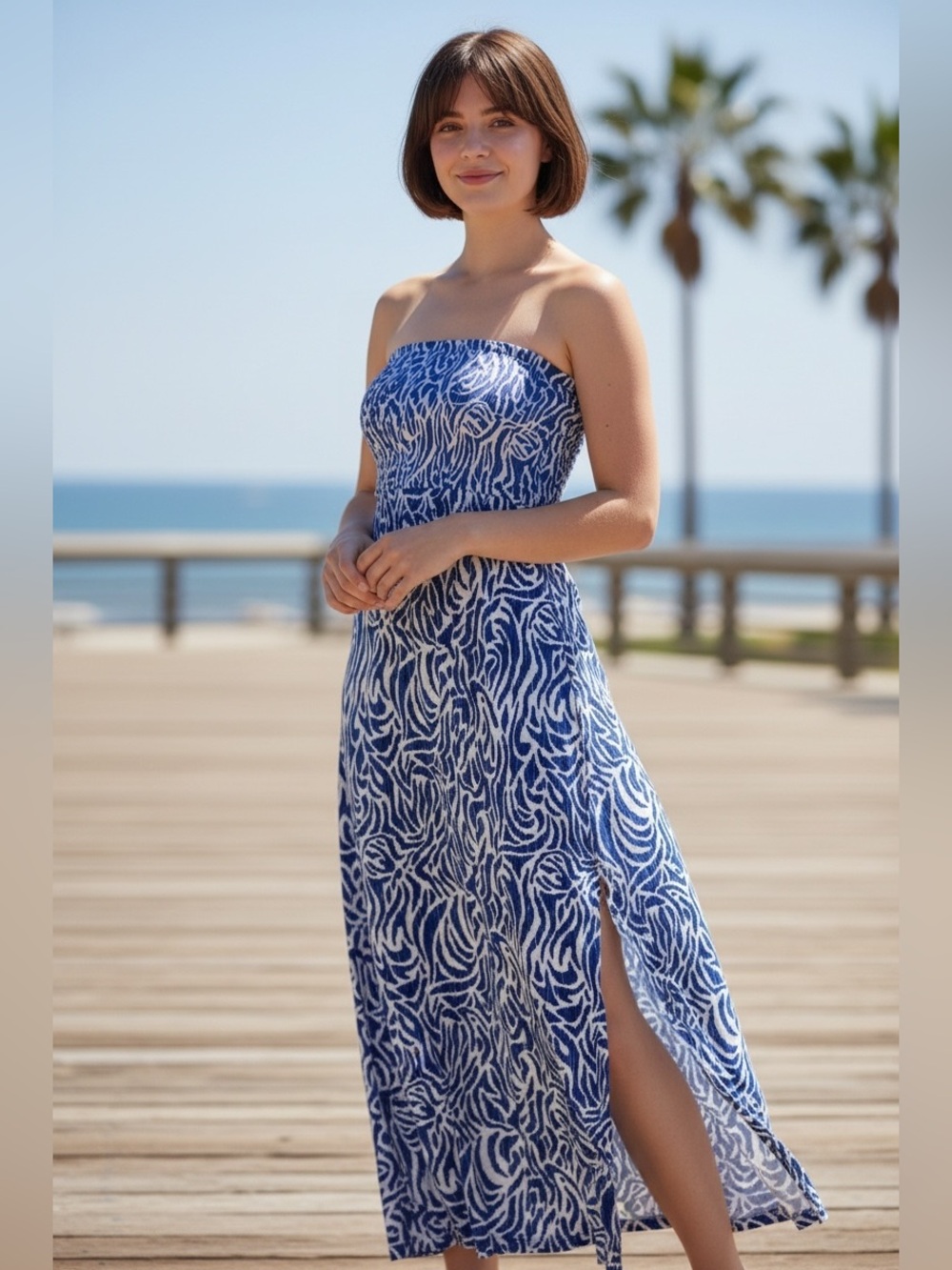 Vineyard Vines Strapless Blue & White Maxi Dress Size Small 100% Cotton Resort